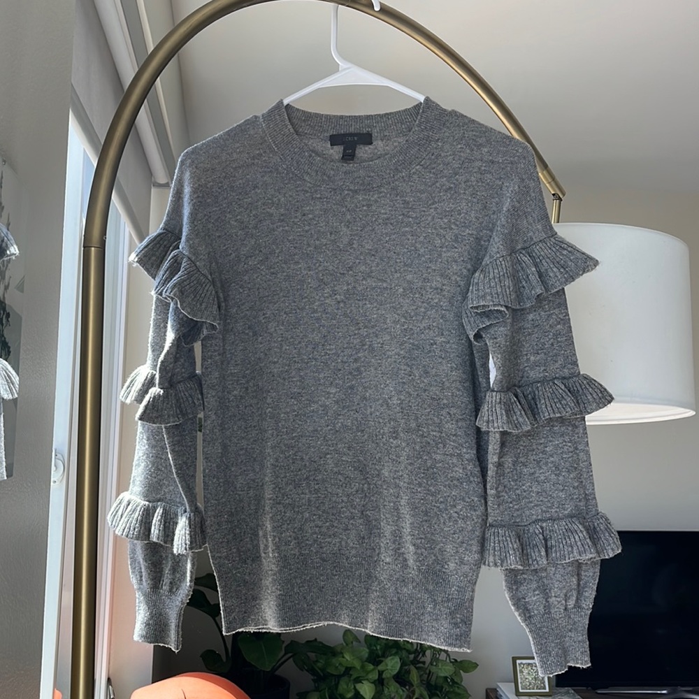 Jcrew grey ruffle sleeve sweater